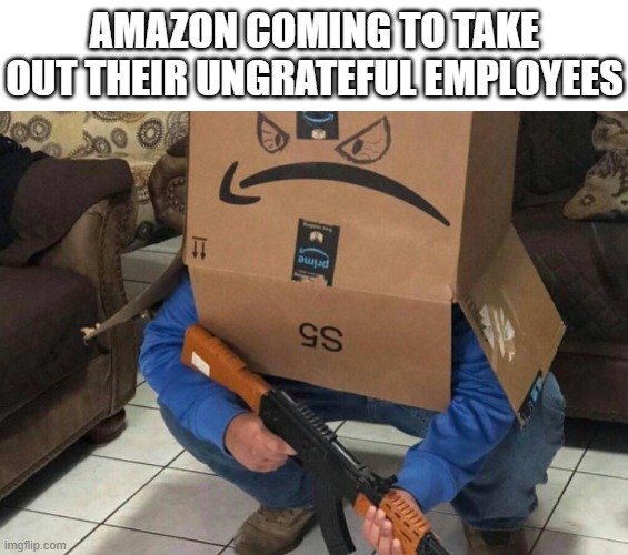 Amazon Take Down | AMAZON COMING TO TAKE OUT THEIR UNGRATEFUL EMPLOYEES | image tagged in angry amazon box with an ak-47 | made w/ Imgflip meme maker