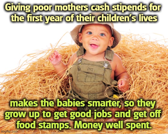 Republicans will block this, unless they can make it whites only. | Giving poor mothers cash stipends for 
the first year of their children’s lives; makes the babies smarter, so they 
grow up to get good jobs and get off 
food stamps. Money well spent. | image tagged in poor,mothers,cash,smart,babies | made w/ Imgflip meme maker