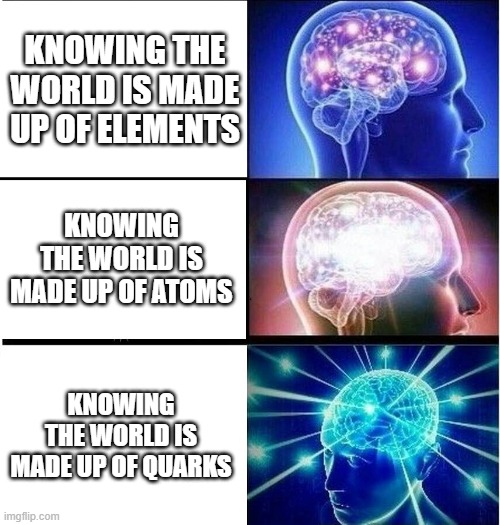 Expanding brain 3 panels | KNOWING THE WORLD IS MADE UP OF ELEMENTS; KNOWING THE WORLD IS MADE UP OF ATOMS; KNOWING THE WORLD IS MADE UP OF QUARKS | image tagged in expanding brain 3 panels,memes | made w/ Imgflip meme maker