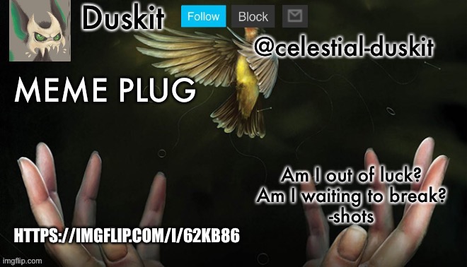 Duskit’s meme plug temp (imagine dragons) | HTTPS://IMGFLIP.COM/I/62KB86 | image tagged in duskit s meme plug temp imagine dragons | made w/ Imgflip meme maker