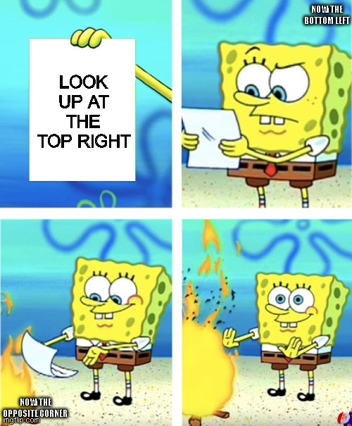 i gotchu | NOW THE BOTTOM LEFT; LOOK UP AT THE TOP RIGHT; NOW THE OPPOSITE CORNER | image tagged in spongebob burning paper,unfunny,gottem,fun,meme | made w/ Imgflip meme maker