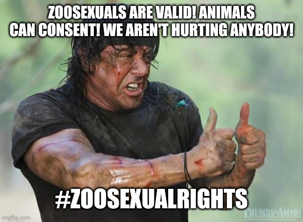 We are valid! | ZOOSEXUALS ARE VALID! ANIMALS CAN CONSENT! WE AREN'T HURTING ANYBODY! #ZOOSEXUALRIGHTS | image tagged in thumbs up rambo | made w/ Imgflip meme maker