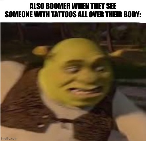 Disturbed Shrek | ALSO BOOMER WHEN THEY SEE SOMEONE WITH TATTOOS ALL OVER THEIR BODY: | image tagged in disturbed shrek | made w/ Imgflip meme maker