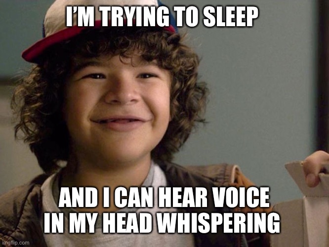 Idk what it’s whispering tho | I’M TRYING TO SLEEP; AND I CAN HEAR VOICE IN MY HEAD WHISPERING | image tagged in dustin lmao | made w/ Imgflip meme maker