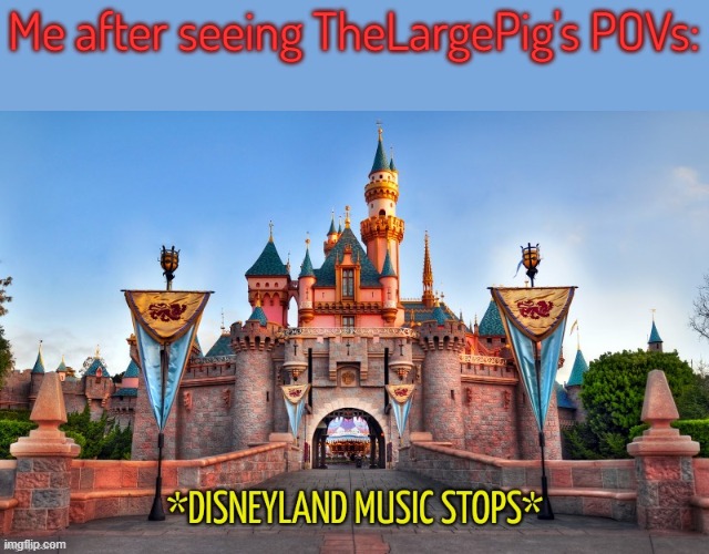 dude stahp its cringe | Me after seeing TheLargePig's POVs: | image tagged in disneyland music stops | made w/ Imgflip meme maker