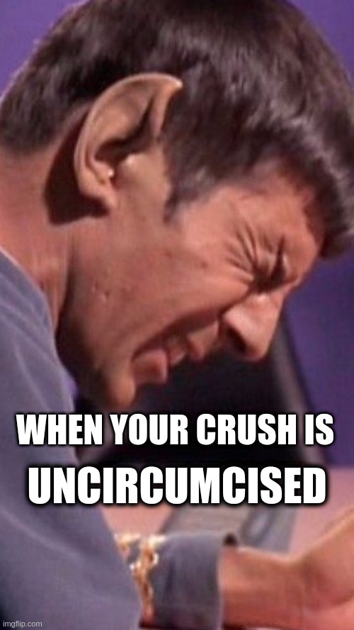 Your Crush Has Foreskin | WHEN YOUR CRUSH IS; UNCIRCUMCISED | image tagged in spock is upset,when your crush,disappointment | made w/ Imgflip meme maker