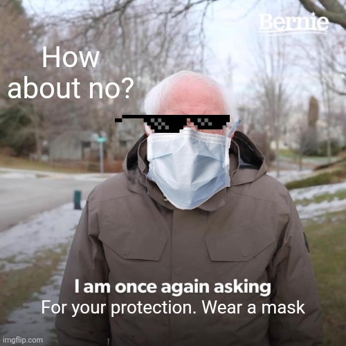 Bernie I Am Once Again Asking For Your Support Meme | How about no? For your protection. Wear a mask | image tagged in memes,bernie i am once again asking for your support | made w/ Imgflip meme maker