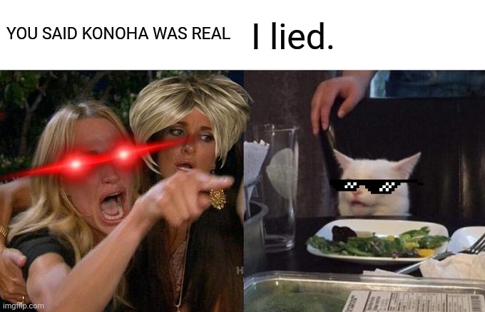 Woman Yelling At Cat | YOU SAID KONOHA WAS REAL; I lied. | image tagged in memes,woman yelling at cat | made w/ Imgflip meme maker