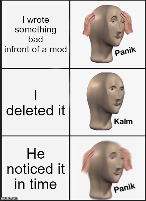 Panik Kalm Panik | I wrote something bad infront of a mod; I deleted it; He noticed it in time | image tagged in memes,panik kalm panik | made w/ Imgflip meme maker