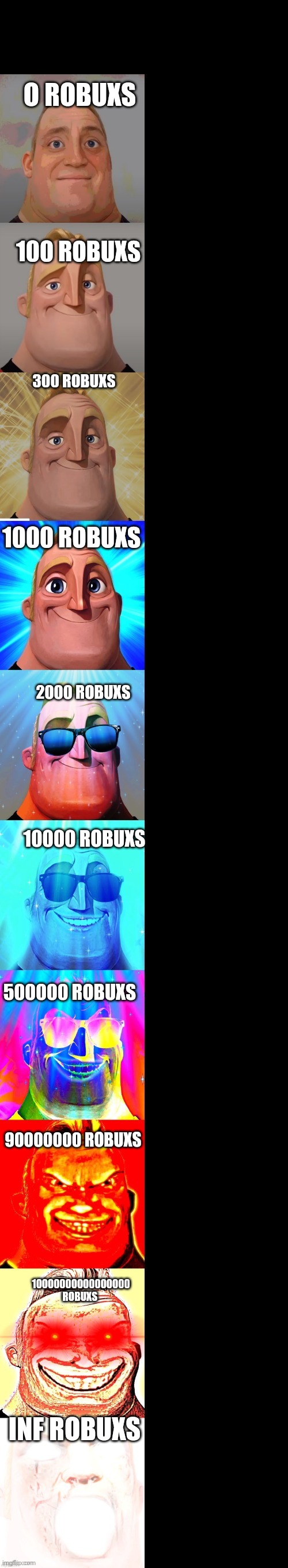 Getting Robux | O ROBUXS; 100 ROBUXS; 300 ROBUXS; 1000 ROBUXS; 2000 ROBUXS; 10000 ROBUXS; 500000 ROBUXS; 90000000 ROBUXS; 10000000000000000 ROBUXS; INF ROBUXS | image tagged in mr incredible becoming canny | made w/ Imgflip meme maker
