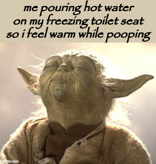 feel good while pooping (ꈍoꈍ) |  me pouring hot water on my freezing toilet seat so i feel warm while pooping | image tagged in yoda pleasure,pooping,memes,gifs | made w/ Imgflip meme maker