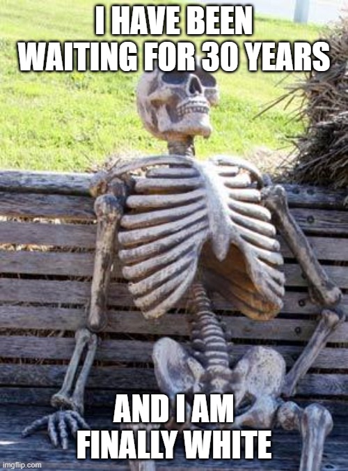 Waiting Skeleton | I HAVE BEEN WAITING FOR 30 YEARS; AND I AM FINALLY WHITE | image tagged in memes,waiting skeleton | made w/ Imgflip meme maker