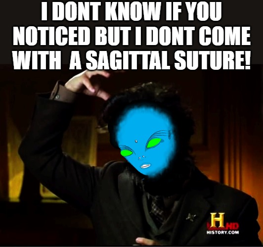 DID YOU KNOW! | I DONT KNOW IF YOU NOTICED BUT I DONT COME WITH  A SAGITTAL SUTURE! | image tagged in ancient aliens,ancient aliens guy,aliens,aliens week,why aliens won't talk to us,alien | made w/ Imgflip meme maker