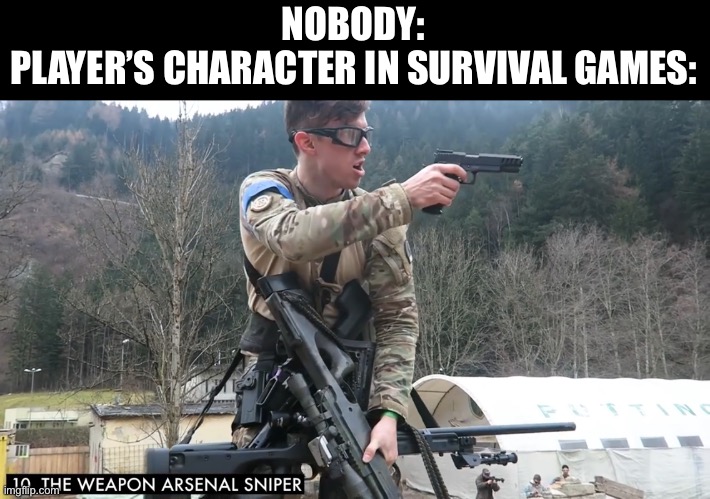 not pronounced ‘mem’ - ok Dad? | NOBODY:
PLAYER’S CHARACTER IN SURVIVAL GAMES: | image tagged in novritsch weapon arsenal | made w/ Imgflip meme maker