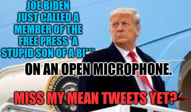 Big Blue Meanies | JOE BIDEN JUST CALLED A MEMBER OF THE FREE PRESS 'A STUPID SON OF A BI***; ON AN OPEN MICROPHONE. MISS MY MEAN TWEETS YET? | image tagged in joe biden,bird box eyes open | made w/ Imgflip meme maker