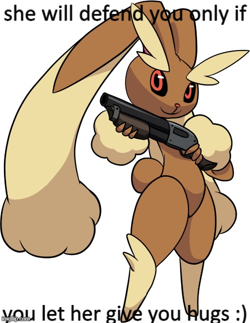 Cotton loves hugs | she will defend you only if; you let her give you hugs :) | image tagged in lopunny with a shotgun | made w/ Imgflip meme maker