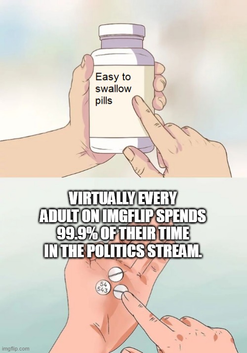 the boomers | VIRTUALLY EVERY ADULT ON IMGFLIP SPENDS 99.9% OF THEIR TIME IN THE POLITICS STREAM. | image tagged in easy to swallow pills | made w/ Imgflip meme maker