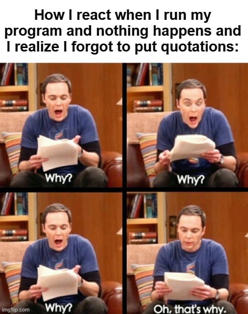 haha mistakes happen sometimes | How I react when I run my program and nothing happens and I realize I forgot to put quotations: | image tagged in why why why oh that's why | made w/ Imgflip meme maker