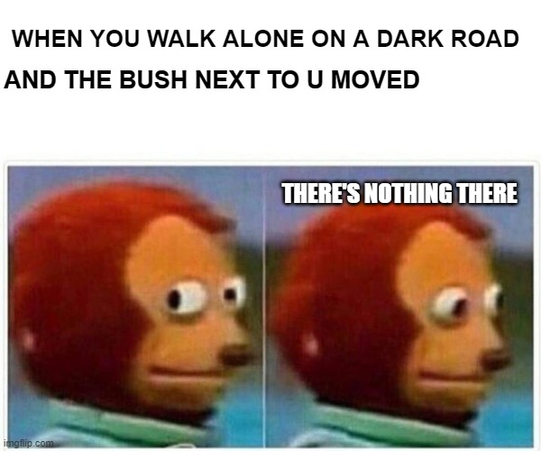 owh shit | WHEN YOU WALK ALONE ON A DARK ROAD; AND THE BUSH NEXT TO U MOVED; THERE'S NOTHING THERE | image tagged in memes,monkey puppet | made w/ Imgflip meme maker