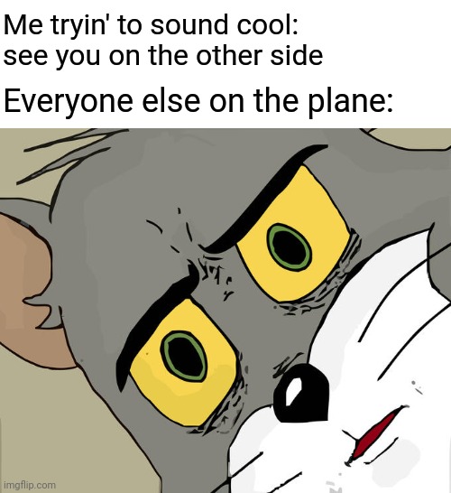 Unsettled Tom Meme | Me tryin' to sound cool: see you on the other side; Everyone else on the plane: | image tagged in memes,unsettled tom | made w/ Imgflip meme maker