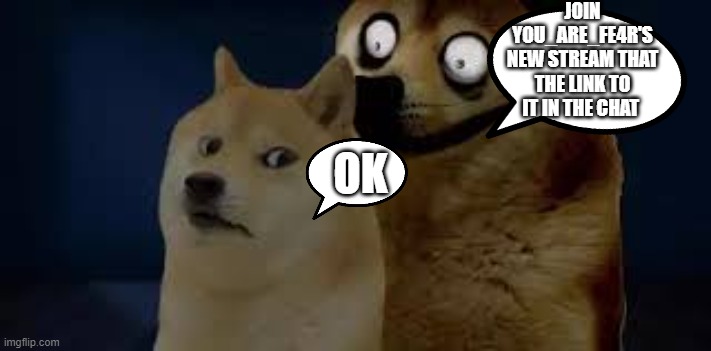 Go follow da stream plz | JOIN YOU_ARE_FE4R'S NEW STREAM THAT THE LINK TO IT IN THE CHAT; OK | image tagged in calm doge scary doge | made w/ Imgflip meme maker