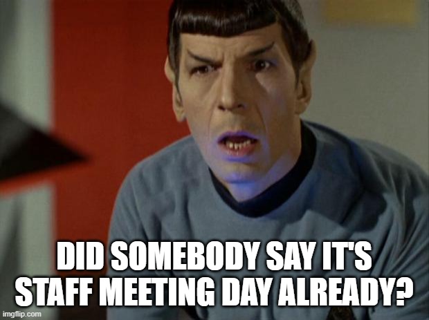 Staff Meeting Day Already? | DID SOMEBODY SAY IT'S STAFF MEETING DAY ALREADY? | image tagged in shocked spock | made w/ Imgflip meme maker