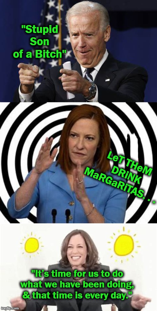 We Are in Great Hands.... | "Stupid Son of a Bitch"; LeT THeM
 DRiNK 
MaRGaRiTAS. . . "It’s time for us to do 
what we have been doing, 
& that time is every day." | image tagged in politics,joe biden,jen psaki,kamala harris,democrats,underperforming | made w/ Imgflip meme maker