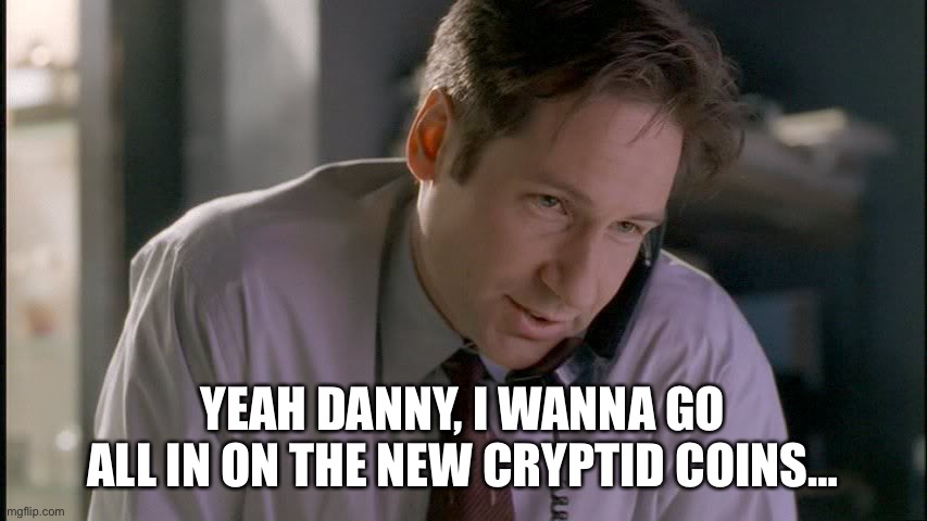 YEAH DANNY, I WANNA GO ALL IN ON THE NEW CRYPTID COINS… | image tagged in x files mulder on phone | made w/ Imgflip meme maker