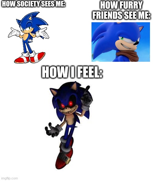 I feel like an out of place demon | HOW SOCIETY SEES ME:; HOW FURRY FRIENDS SEE ME:; HOW I FEEL: | image tagged in blank white template,sonic,sonic demon | made w/ Imgflip meme maker
