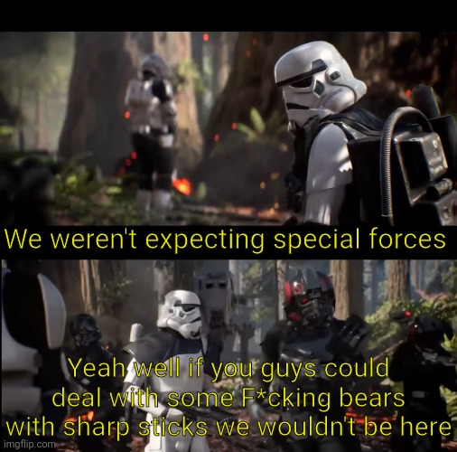 We weren't expecting special forces; Yeah well if you guys could deal with some F*cking bears with sharp sticks we wouldn't be here | image tagged in we weren't expecting special forces | made w/ Imgflip meme maker