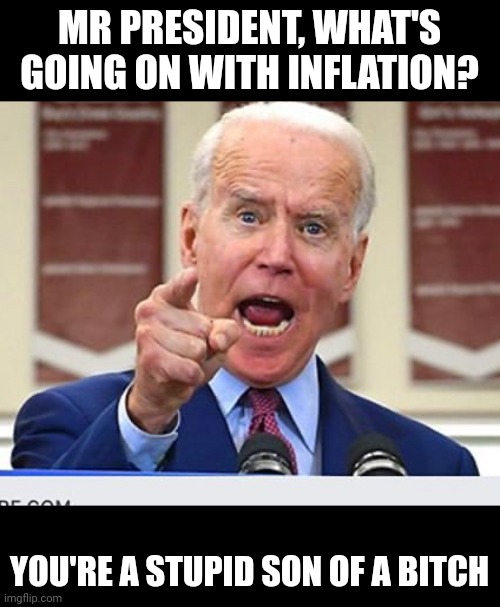 Donald Trump wasn't "presidential" but this clown is? | MR PRESIDENT, WHAT'S GOING ON WITH INFLATION? YOU'RE A STUPID SON OF A BITCH | image tagged in joe biden no malarkey | made w/ Imgflip meme maker