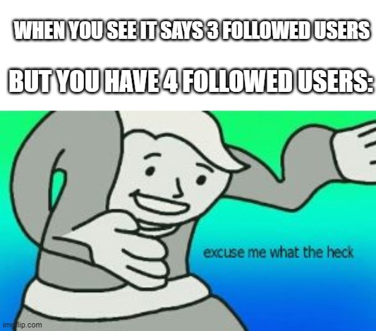 How is this even possible!? | WHEN YOU SEE IT SAYS 3 FOLLOWED USERS; BUT YOU HAVE 4 FOLLOWED USERS: | image tagged in excuse me what the heck | made w/ Imgflip meme maker