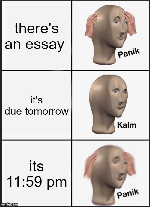 (this is a joke btw) | there's an essay; it's due tomorrow; its 11:59 pm | image tagged in memes,panik kalm panik | made w/ Imgflip meme maker