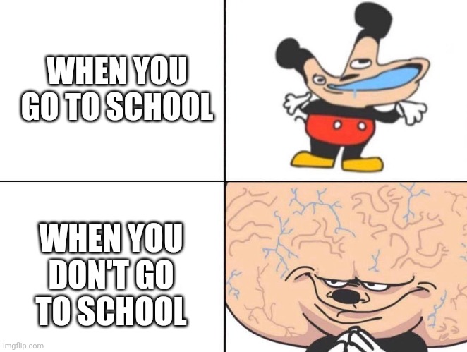 Big Brain Mickey | WHEN YOU GO TO SCHOOL WHEN YOU DON'T GO TO SCHOOL | image tagged in big brain mickey | made w/ Imgflip meme maker