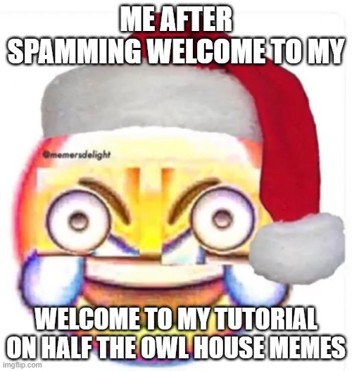 get nae-naed | ME AFTER SPAMMING WELCOME TO MY; WELCOME TO MY TUTORIAL ON HALF THE OWL HOUSE MEMES | image tagged in xd face | made w/ Imgflip meme maker