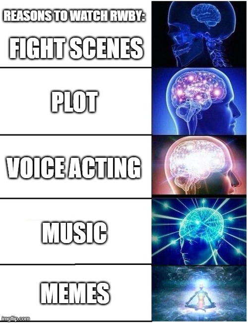 Expanding Brain 5 Panel | REASONS TO WATCH RWBY:; FIGHT SCENES; PLOT; VOICE ACTING; MUSIC; MEMES | image tagged in expanding brain 5 panel | made w/ Imgflip meme maker