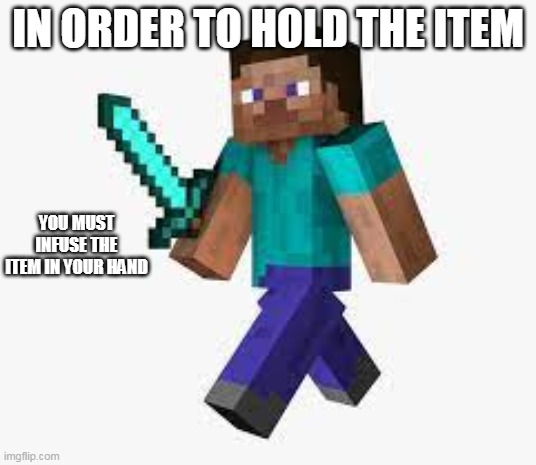 IN ORDER TO HOLD THE ITEM; YOU MUST INFUSE THE ITEM IN YOUR HAND | image tagged in cringe,funny,minecraft | made w/ Imgflip meme maker