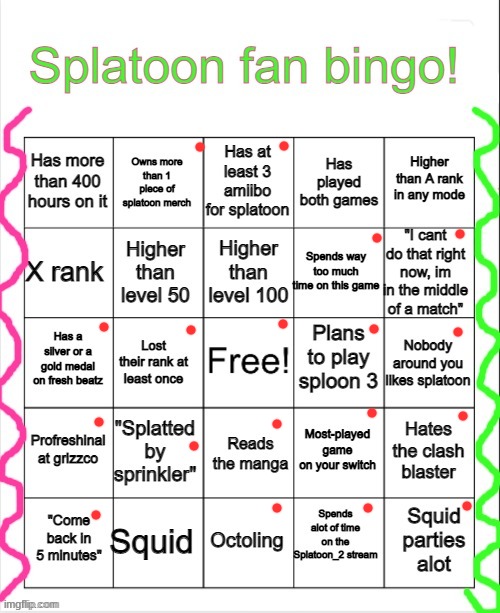 i spend a lot of time on the splatoon 2 stream but i got banned :'( | image tagged in splatoon bingo | made w/ Imgflip meme maker