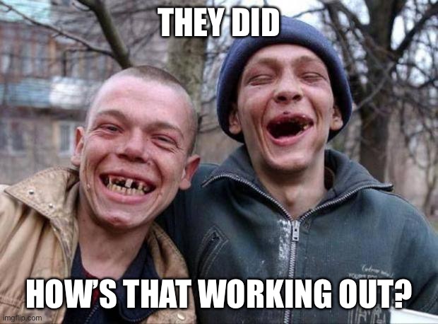 No teeth | THEY DID HOW’S THAT WORKING OUT? | image tagged in no teeth | made w/ Imgflip meme maker