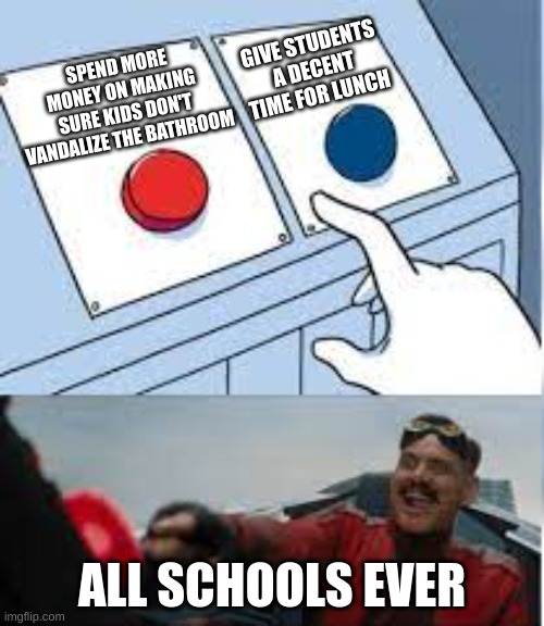 I don't know why they still do that, that tik tok trend is alive'nt | GIVE STUDENTS A DECENT TIME FOR LUNCH; SPEND MORE MONEY ON MAKING SURE KIDS DON'T VANDALIZE THE BATHROOM; ALL SCHOOLS EVER | image tagged in robotinik red buton,memes,fun,funny,schools,bathrooms | made w/ Imgflip meme maker