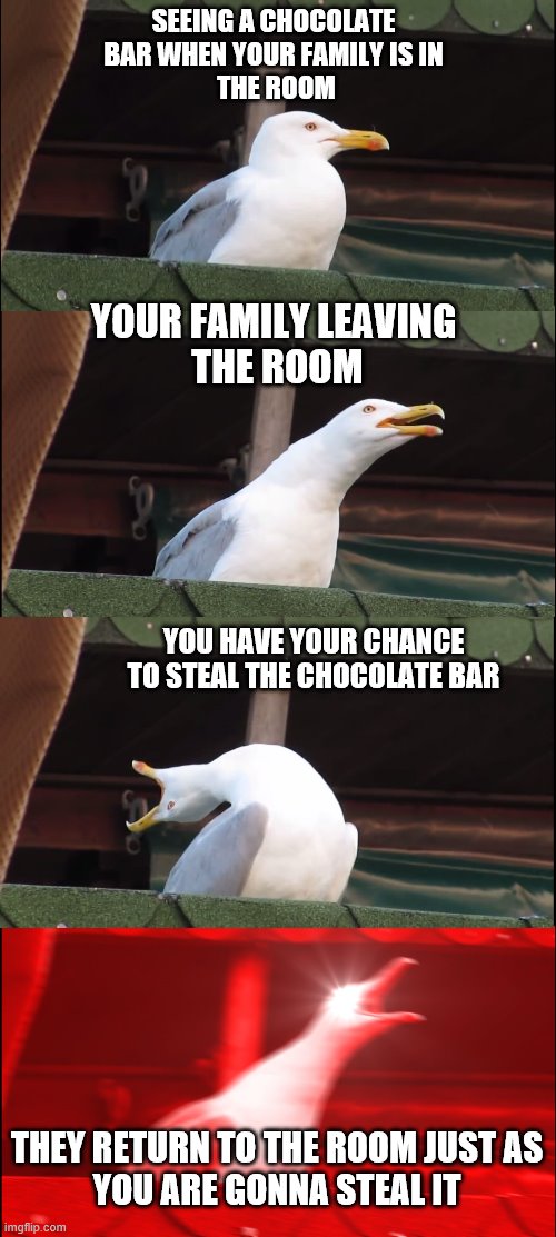 Chocolate Bar | SEEING A CHOCOLATE 
BAR WHEN YOUR FAMILY IS IN 
THE ROOM; YOUR FAMILY LEAVING 
THE ROOM; YOU HAVE YOUR CHANCE
TO STEAL THE CHOCOLATE BAR; THEY RETURN TO THE ROOM JUST AS
YOU ARE GONNA STEAL IT | image tagged in memes,inhaling seagull | made w/ Imgflip meme maker