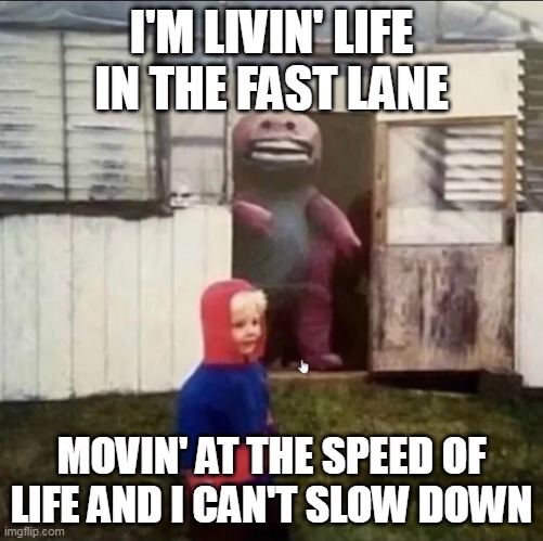 I'M LIVIN' LIFE IN THE FAST LANE; MOVIN' AT THE SPEED OF LIFE AND I CAN'T SLOW DOWN | made w/ Imgflip meme maker