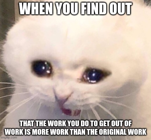 work | WHEN YOU FIND OUT; THAT THE WORK YOU DO TO GET OUT OF WORK IS MORE WORK THAN THE ORIGINAL WORK | image tagged in lol | made w/ Imgflip meme maker