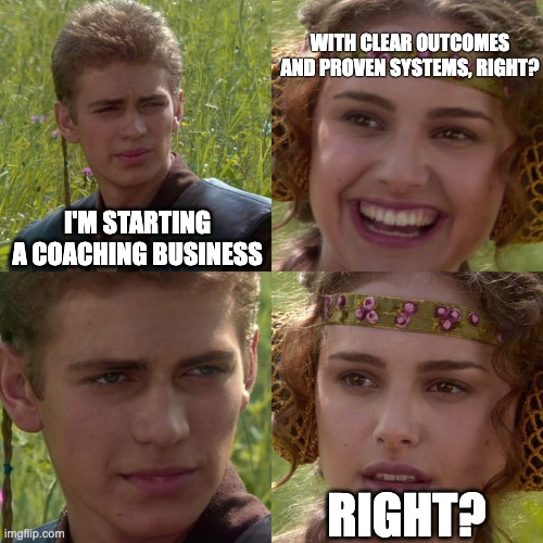 Coaching Businesses be like... | WITH CLEAR OUTCOMES AND PROVEN SYSTEMS, RIGHT? I'M STARTING A COACHING BUSINESS; RIGHT? | image tagged in anakin padme 4 panel | made w/ Imgflip meme maker