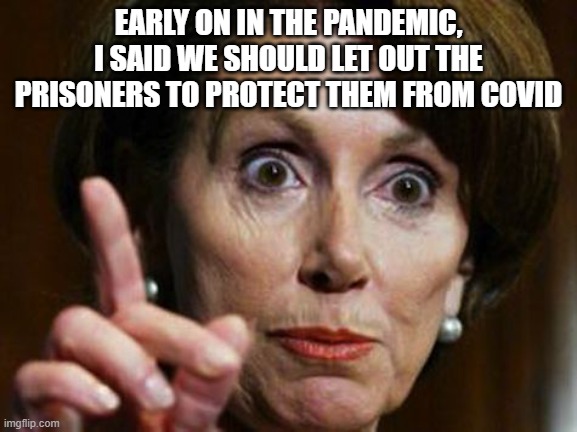 Nancy Pelosi No Spending Problem | EARLY ON IN THE PANDEMIC, I SAID WE SHOULD LET OUT THE PRISONERS TO PROTECT THEM FROM COVID | image tagged in nancy pelosi no spending problem | made w/ Imgflip meme maker