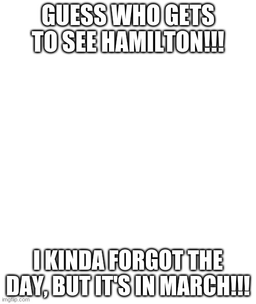 White rectangle | GUESS WHO GETS TO SEE HAMILTON!!! I KINDA FORGOT THE DAY, BUT IT'S IN MARCH!!! | image tagged in white rectangle | made w/ Imgflip meme maker