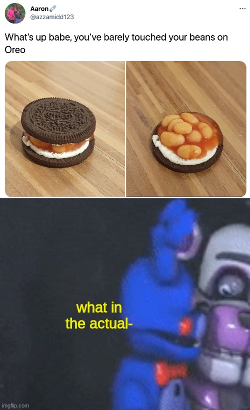 no, just no | what in the actual- | image tagged in bonbon staring at funtime freddy,fnaf,five nights at freddys,five nights at freddy's | made w/ Imgflip meme maker