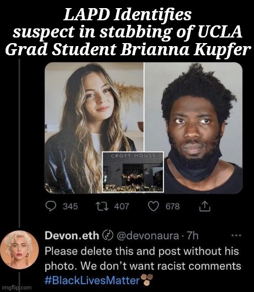 LAPD Identifies suspect in stabbing of UCLA Grad Student Brianna Kupfer | LAPD Identifies suspect in stabbing of UCLA Grad Student Brianna Kupfer | image tagged in blm,terrorists | made w/ Imgflip meme maker