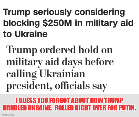 I GUESS YOU FORGOT ABOUT HOW TRUMP HANDLED UKRAINE.  ROLLED RIGHT OVER FOR PUTIN. | made w/ Imgflip meme maker