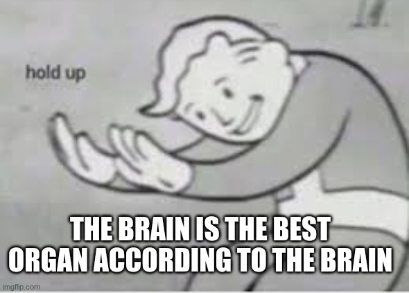 ha | THE BRAIN IS THE BEST ORGAN ACCORDING TO THE BRAIN | image tagged in hol up,lol | made w/ Imgflip meme maker